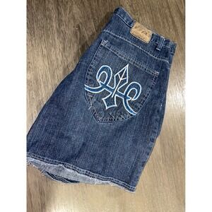 Corked Jeans Mens 40 Blue Denim Shorts Embroidered Raw Hem Cut Off Streetwear